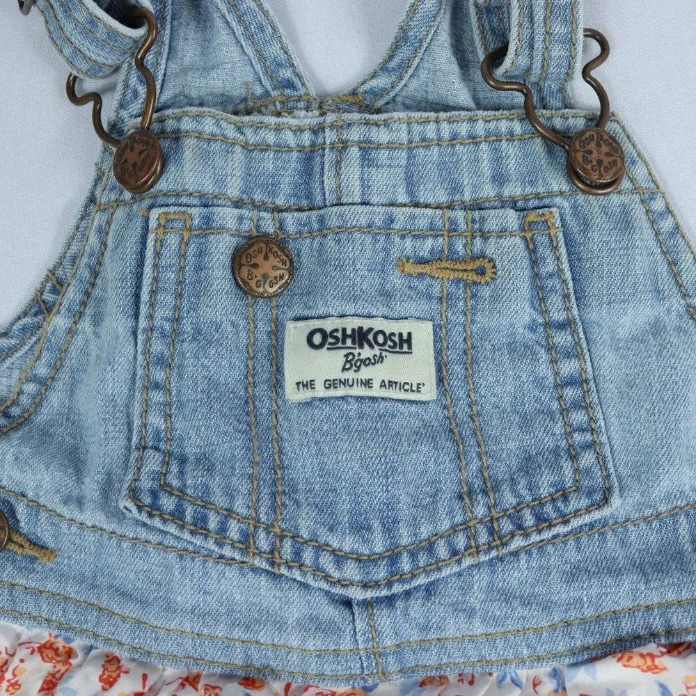OshKosh Bgosh Denim Overall Floral Gingham Ruffle Skirt Dress 18m Farmhouse Boho